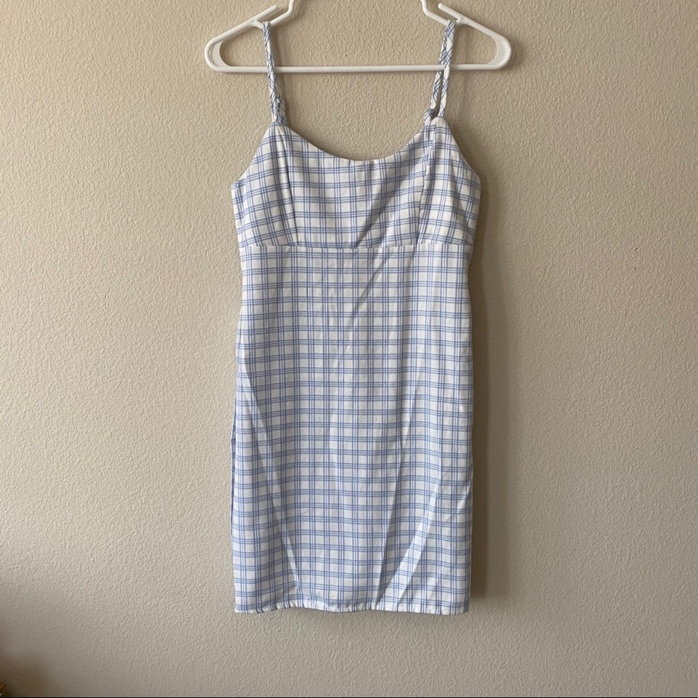white and blue plaid mini dress